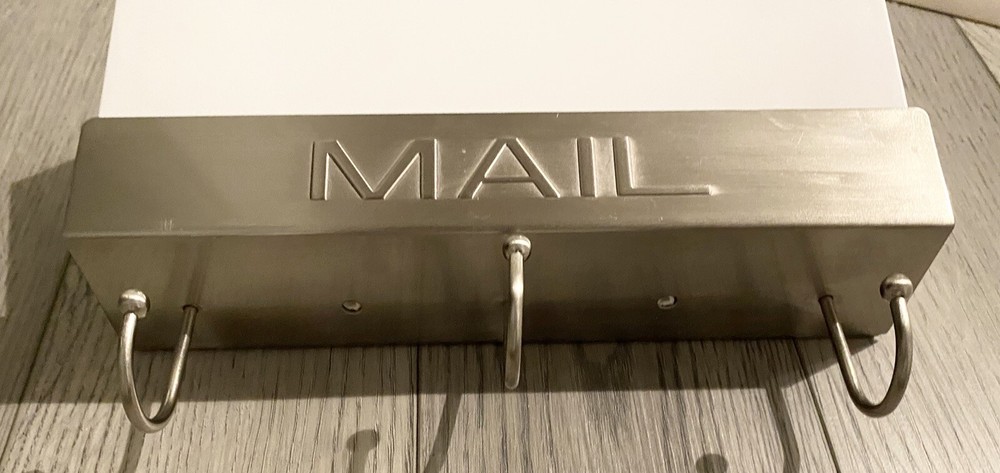 Threshold Mail Holder With Key Hooks /WHITE & SATIN NICKEL FINISH / 10 "