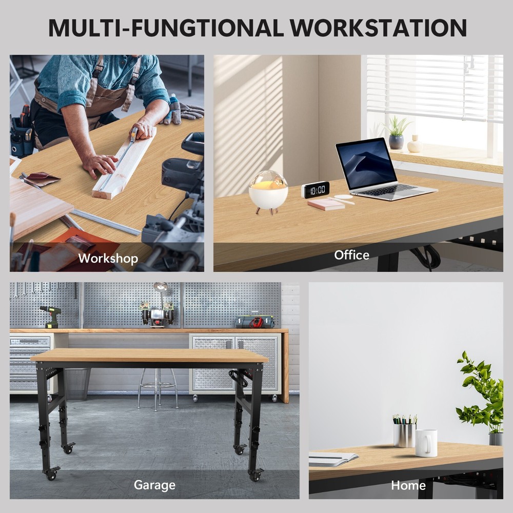 60"Rolling Adjustable Heavy Duty Workbench with Rubber Wood Top Working