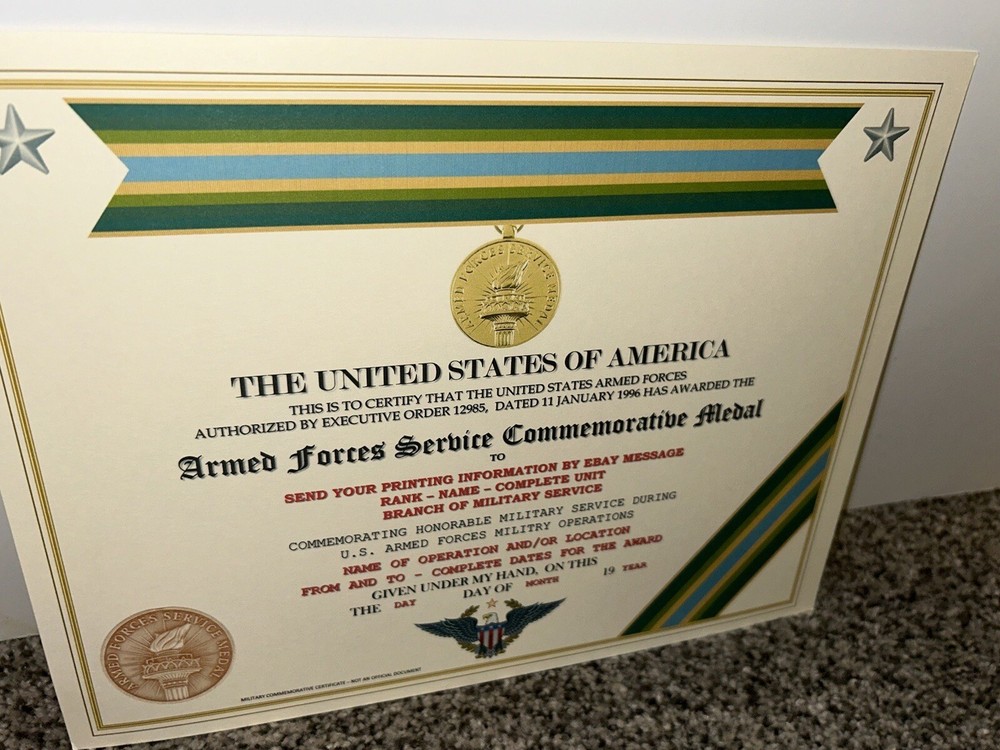 ARMED FORCES SERVICE MEDAL COMMEMORATIVE CERTIFICATE ~ W/PRINTING TYPE-1