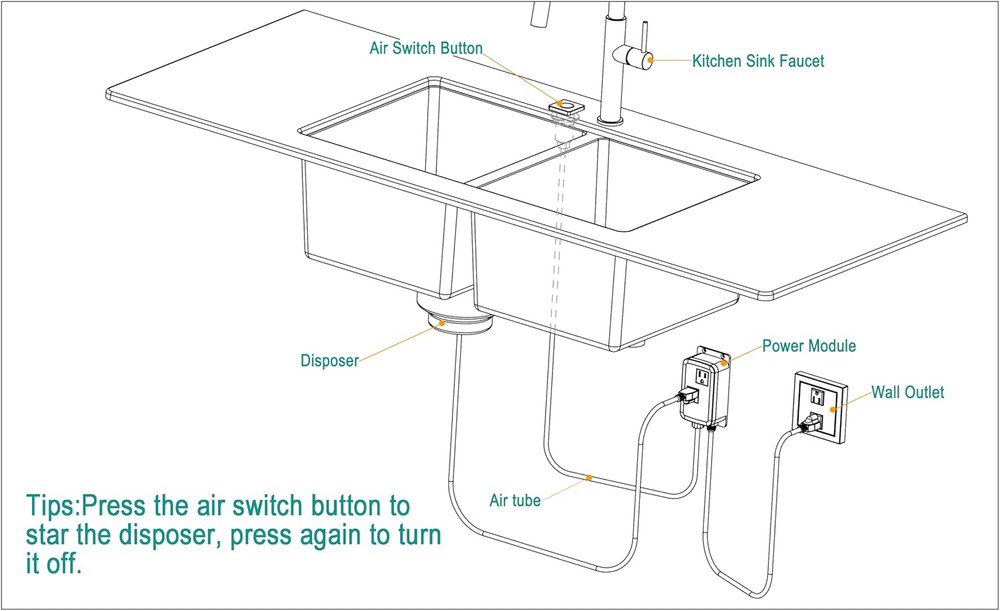 Chrome Square Air Switch Kit for Safe Garbage Disposal - Push Button Control