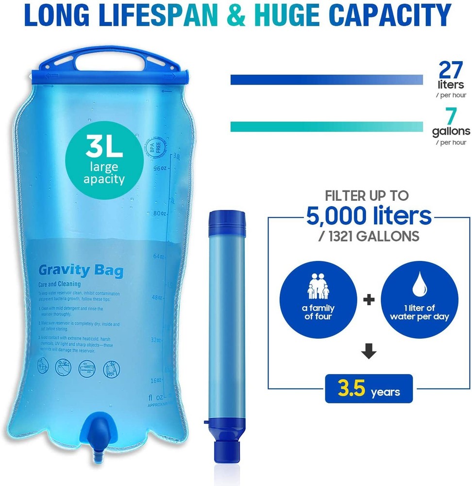 Gravity Fed Water Filtration System,with Filter Straw,2Pk Survival Water Pouches