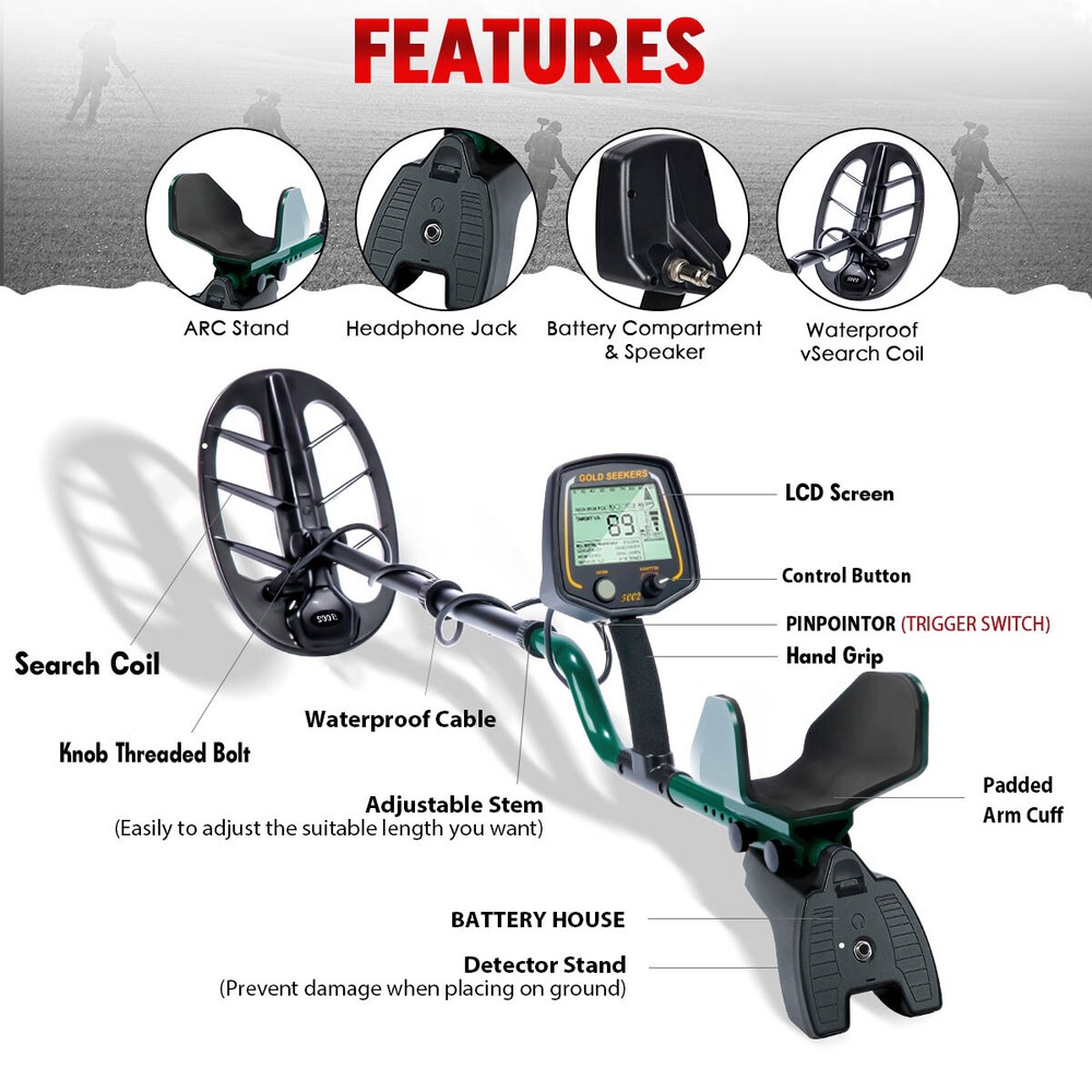 Best Metal Detector VLF Discriminator 8" Round Concentric Coil Back-lit LCD