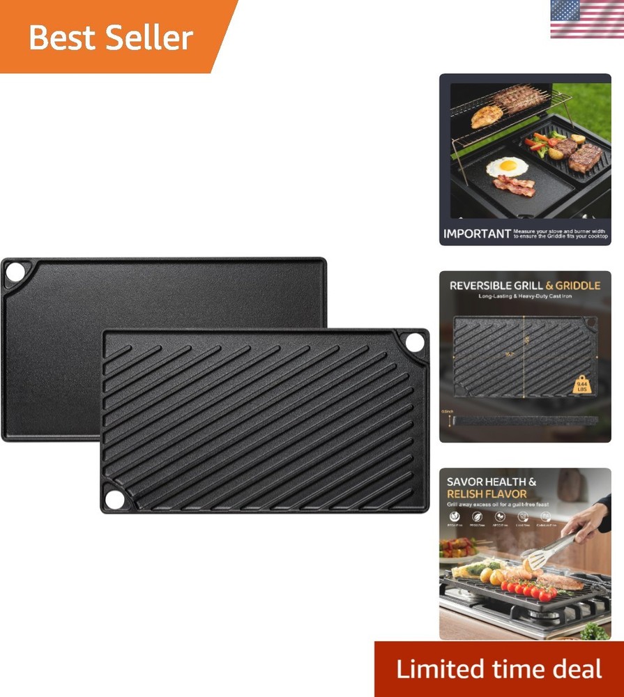 Reversible Grill/Griddle, 16.7x9.5'' Pre-Seasoned Cast Iron Griddle Pan, Doub...