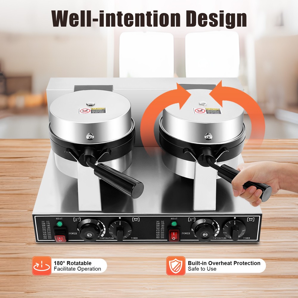 Commercial Dual Head Belgian Waffle Maker Rotating Double Waring Breakfast Maker