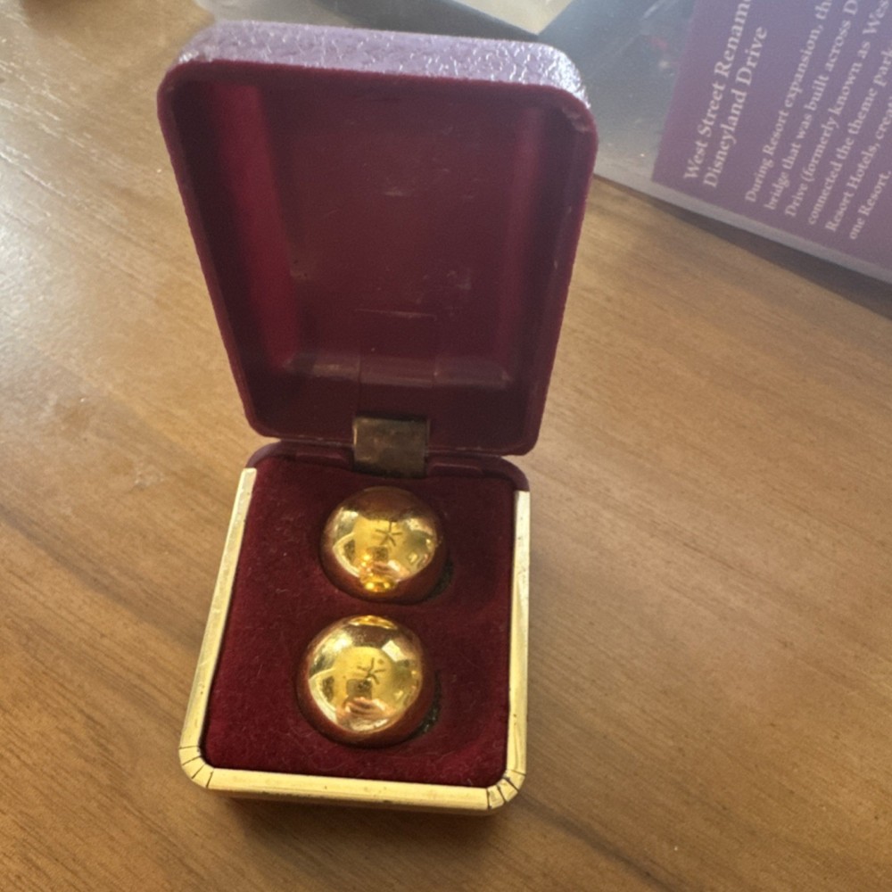Chinese Gold-Colored Baoding Balls in Red Decorative Box Collectible
