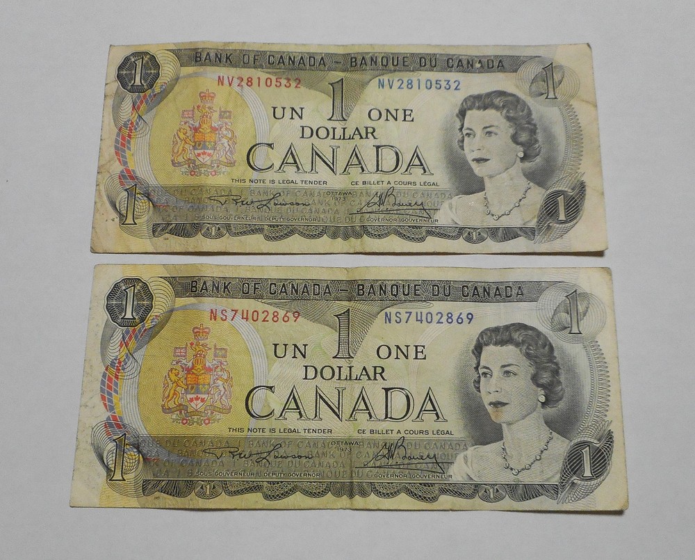 2 1973 One Dollar Notes Bills Canada Lot