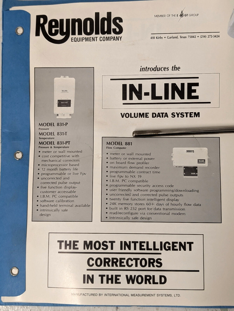 Reynolds Equipment 831 & IPT In-Line Gas Volume Data System Version 2.17