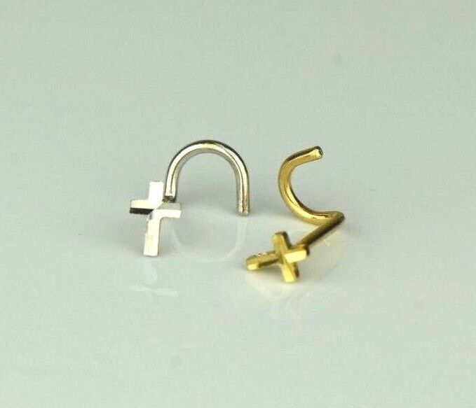 14k Yellow White Cross Nose Piercing CZ Stud