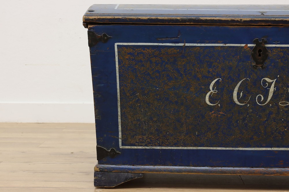 Norwegian Antique 1850s Painted Blue Immigrant Trunk #51748