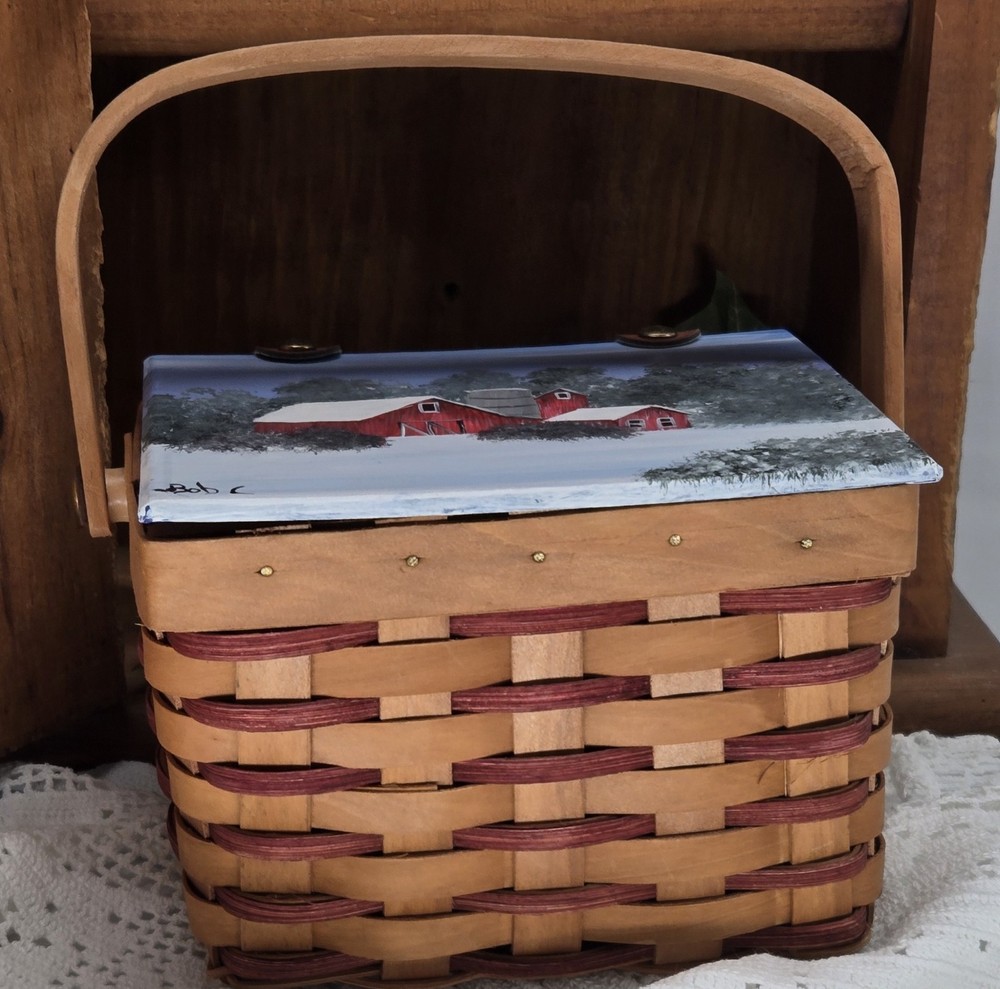 wicker basket w/ winter barn (26086) hand painted