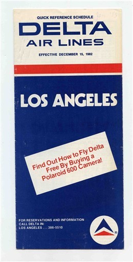 Delta Airlines Time Table 1982 Quick Reference Schedule for Los Angeles