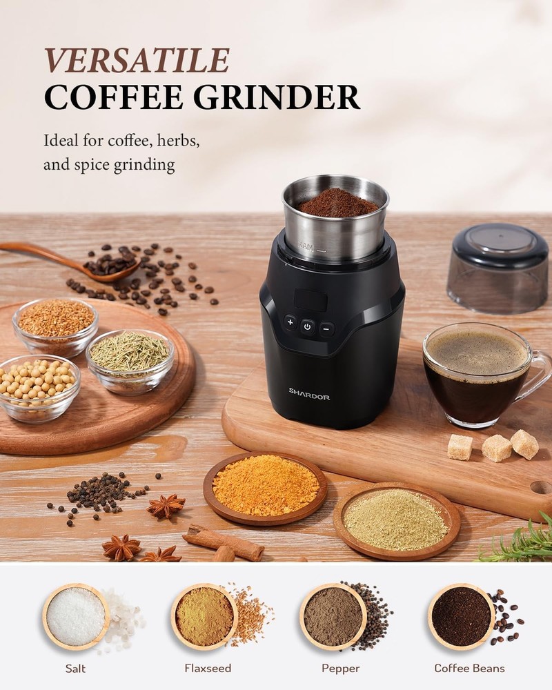 Adjustable Electric Coffee Bean Grinder, Super Silent with Smart Digital Timer