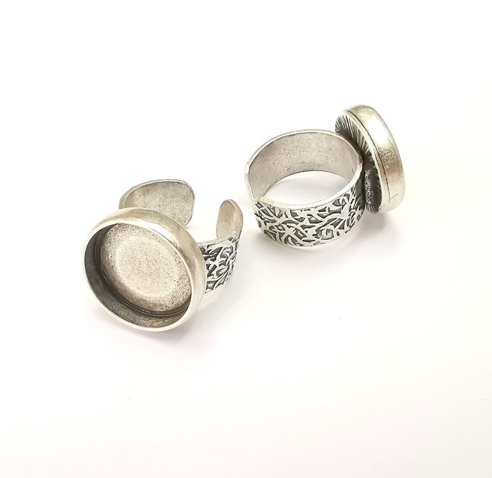 Round Antique Silver Ring Blank Setting, Cabochon Mounting Adjustable Resin Ring