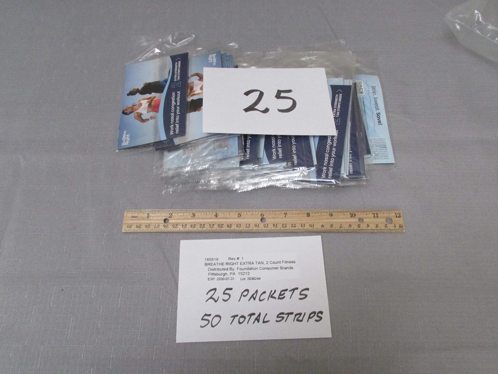 25 Breathe Right Sample Packs 2 Extra Strength Tan Strips Per Pack = 50 Strips