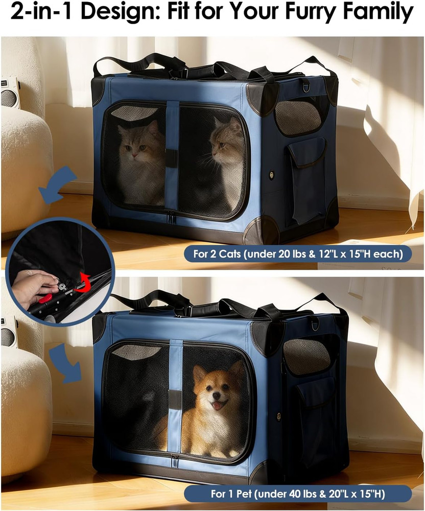 Extra Large Cat Carrier for 2 Cats, XL with Removable Divider, Foldable Soft-Sid
