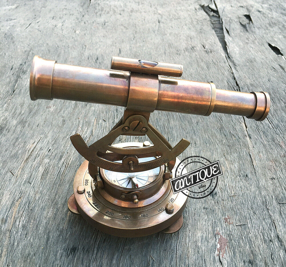 Vintage Solid Brass Theodolite Survey Alidade & Telescope Compass Instrument