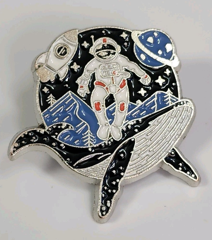Astronaut Riding Whale Rocket Planet Mountains Lapel Pin
