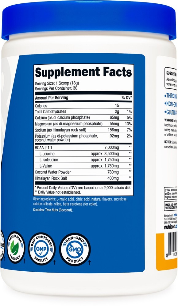 Nutricost BCAA+ Hydration Powder (Peach Mango) 30 Servings