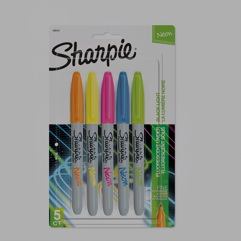 Sharpie Neon Permanent Markers, Fine Point, Assorted Colors, 5 Pack, Black Light