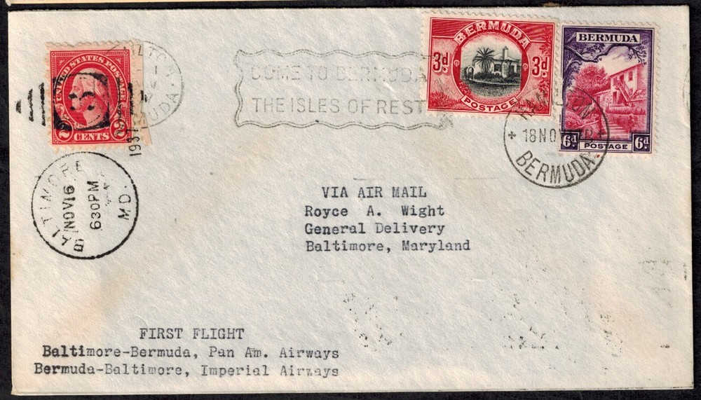 Bermuda First Flight 1937 Cover Baltimore - Bermuda w/Return Backstamp 11/9 RARE