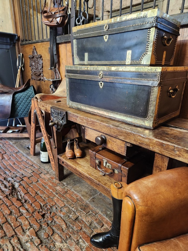 Antique Black Brass Rivetted Wooden Solid Trunk.