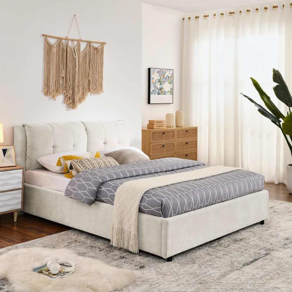 Queen Size Upholstered Platform Bed Frame with Hydraulic Storage White/Black