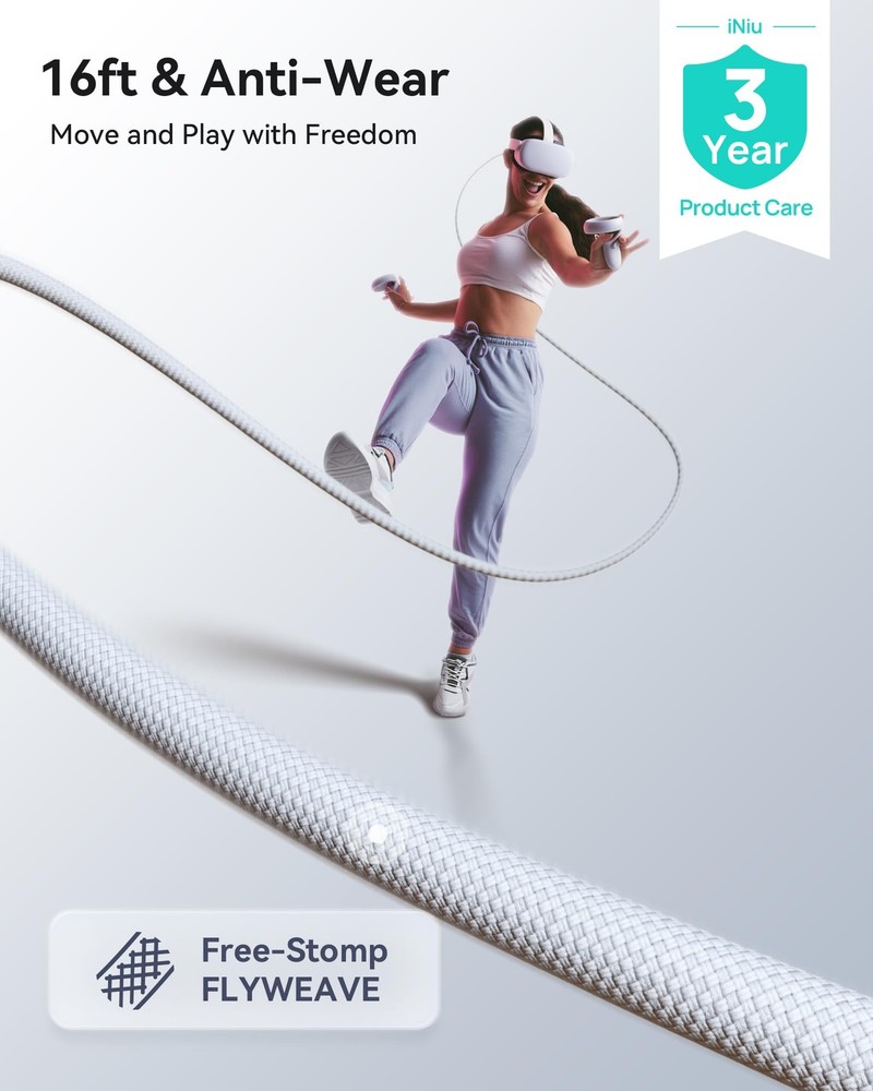 INIU 16ft Premium VR Link Cable with Charging, USB 3.0 Compatible White