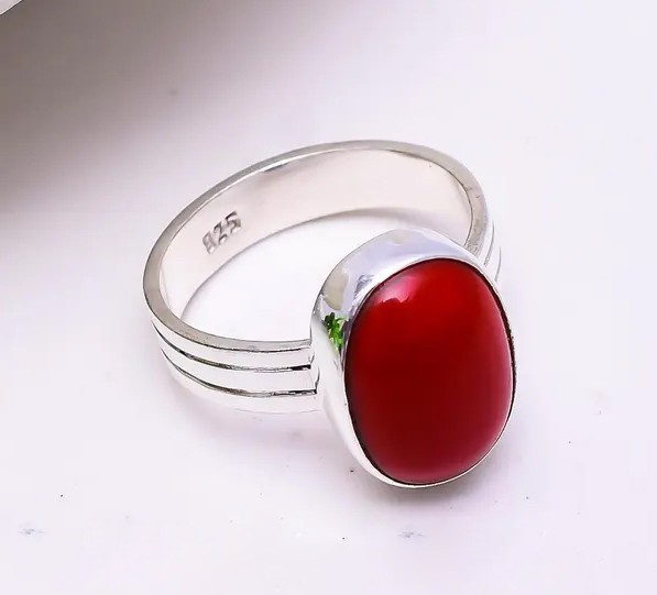 Solid 925 Sterling Silver Natural Red Coral Oval Gemstone Handmade Women's Ring