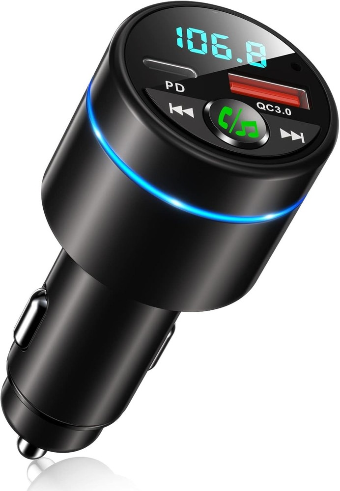 Compact Bluetooth 5.3 Car FM Transmitter with Dual Fast Charging & Blue Light