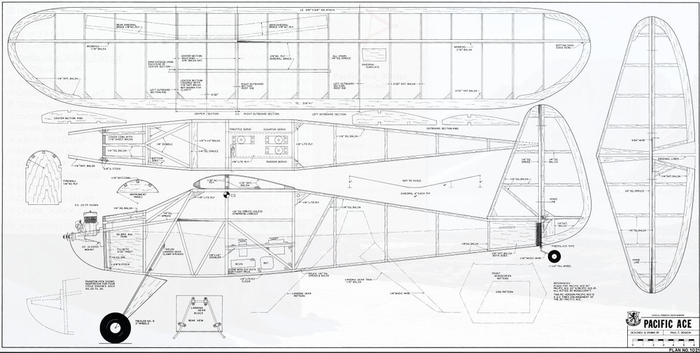 74 inch RCM Pacific Ace Oldtimer RC Balsa AIrplane Printed Plans