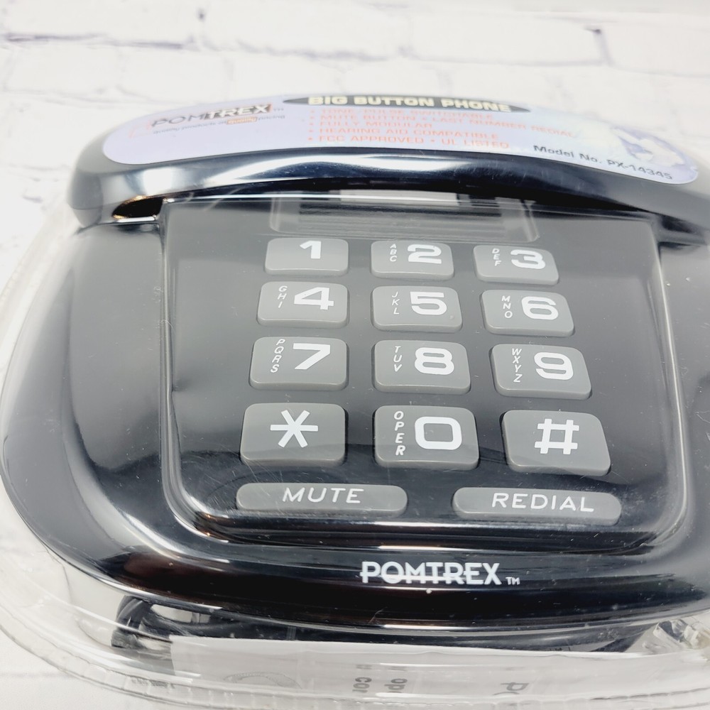 BIG BUTTON PHONE PomTrex Hearing Aid Compatible Tone Pulse Black NEW
