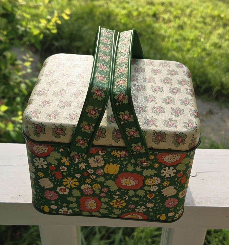 Vintage Tin Sewing Basket Or Storage Tin