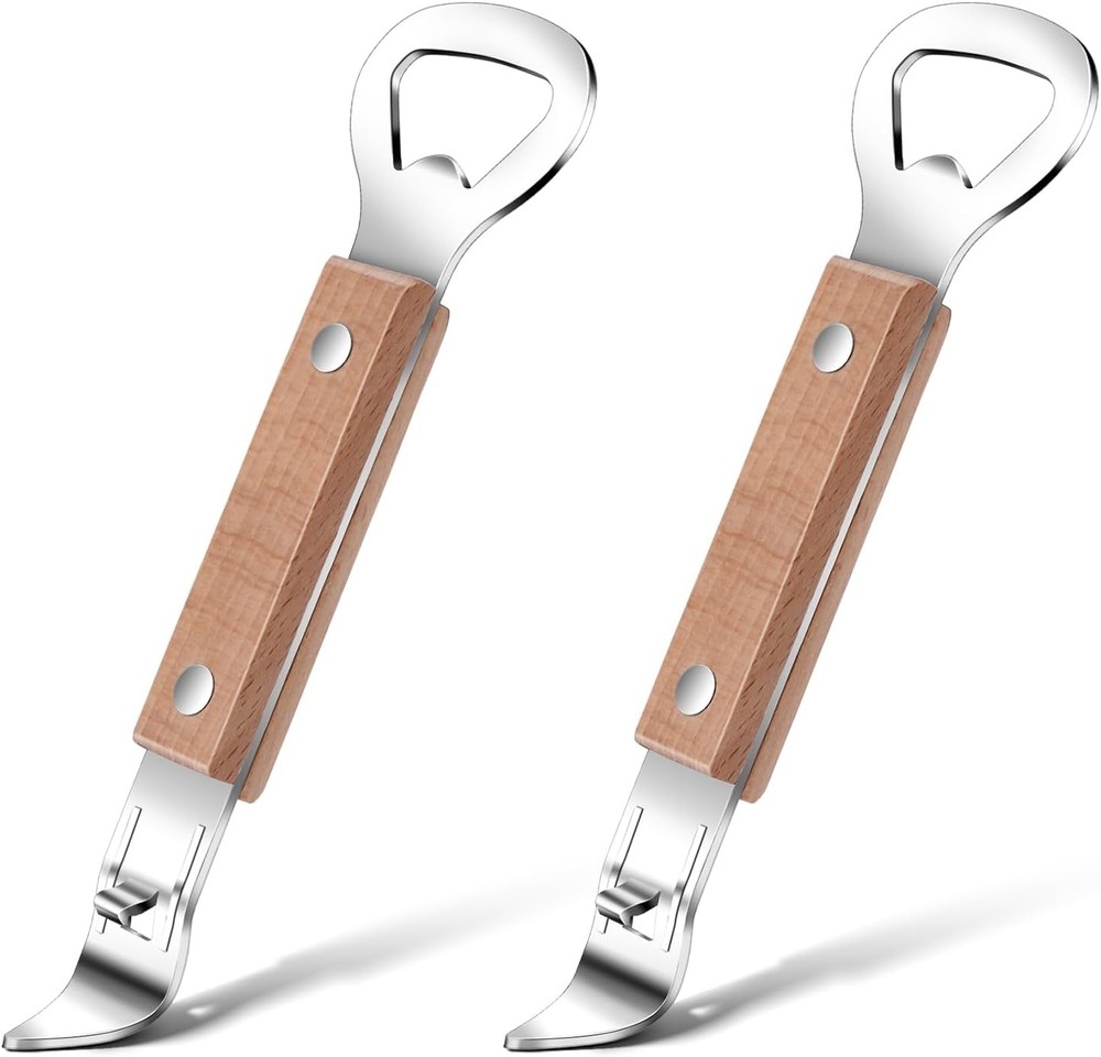 2 Pack Wooden Handle Flat Bottle & Can Punch Opener Bar Tools Set
