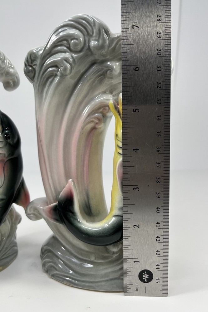 Pair Vintage Lefton Ceramic Vases Dolphins In A Wave