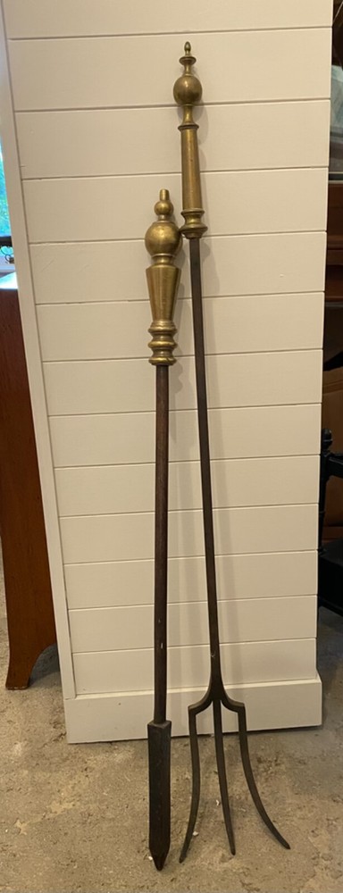 Massive 19th C. Brass & Iron Fireplace Poker & Fork & Iron Stand