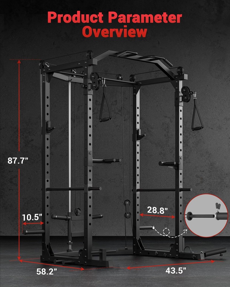 Power Cage Multi-Function Power Rack Home Gym with J Hooks Dip Bar Pulley System