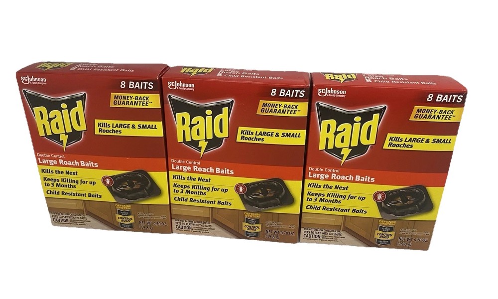 3 BOXES Raid 12 Dbl Control Small Roach Baits + 3 Egg Stoppers 3 Mo Protection