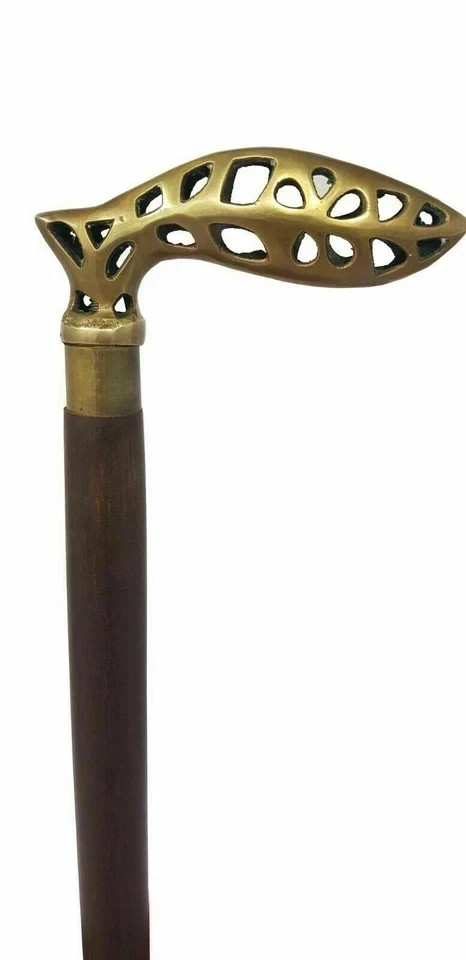 Victorian Walking Stick Wooden Cane Brass Leaf Design Solid Head Handle Gift