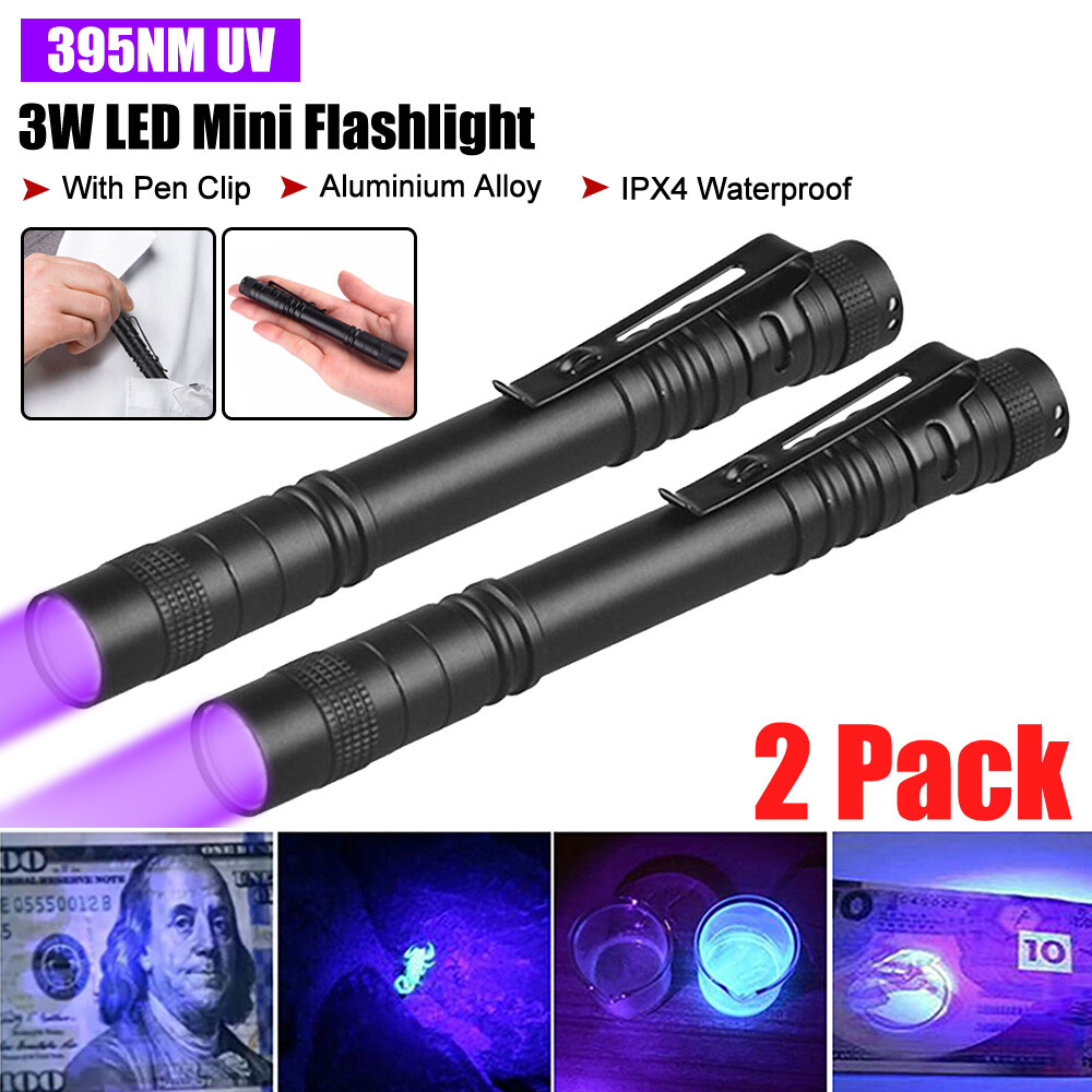 2X 395nm UV Light Penlight Black Light Scalable Clip Pen Light Flashlight