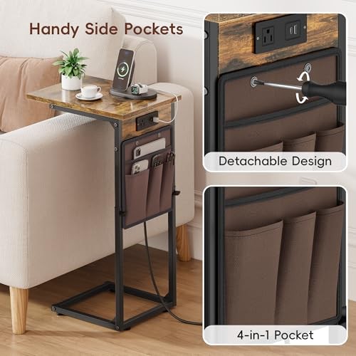 C Shaped End Table with Charging Station, Adjustable Rustic Brown With Plug