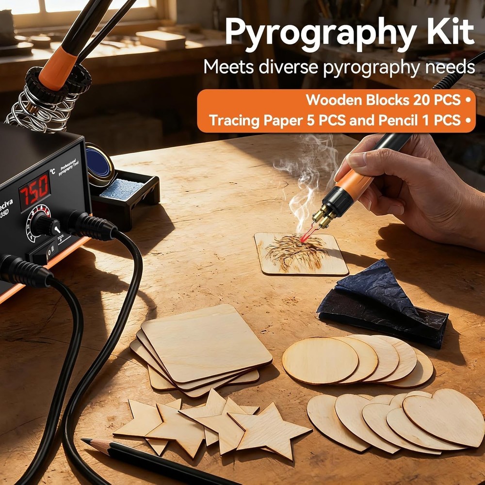Professional Pyrography Kit, Dual Pens, Precise Temp Control, 20 Tips, Wood Art