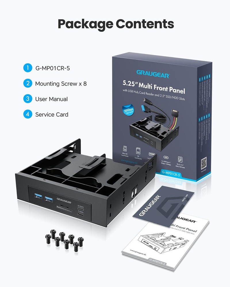 GRAUGEAR 5.25” Front Panel USB Hub, Internal SD/microSD Card Reader for De