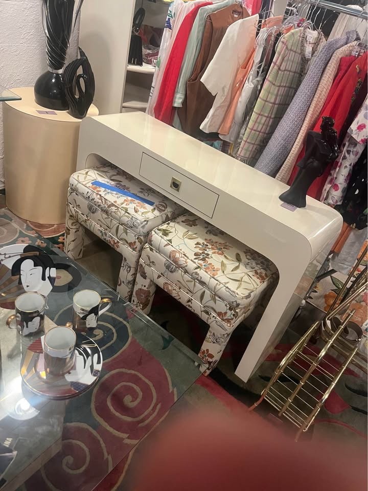 Vintage 1980s Postmodern White Lacquer Waterfall Desk/Console Table