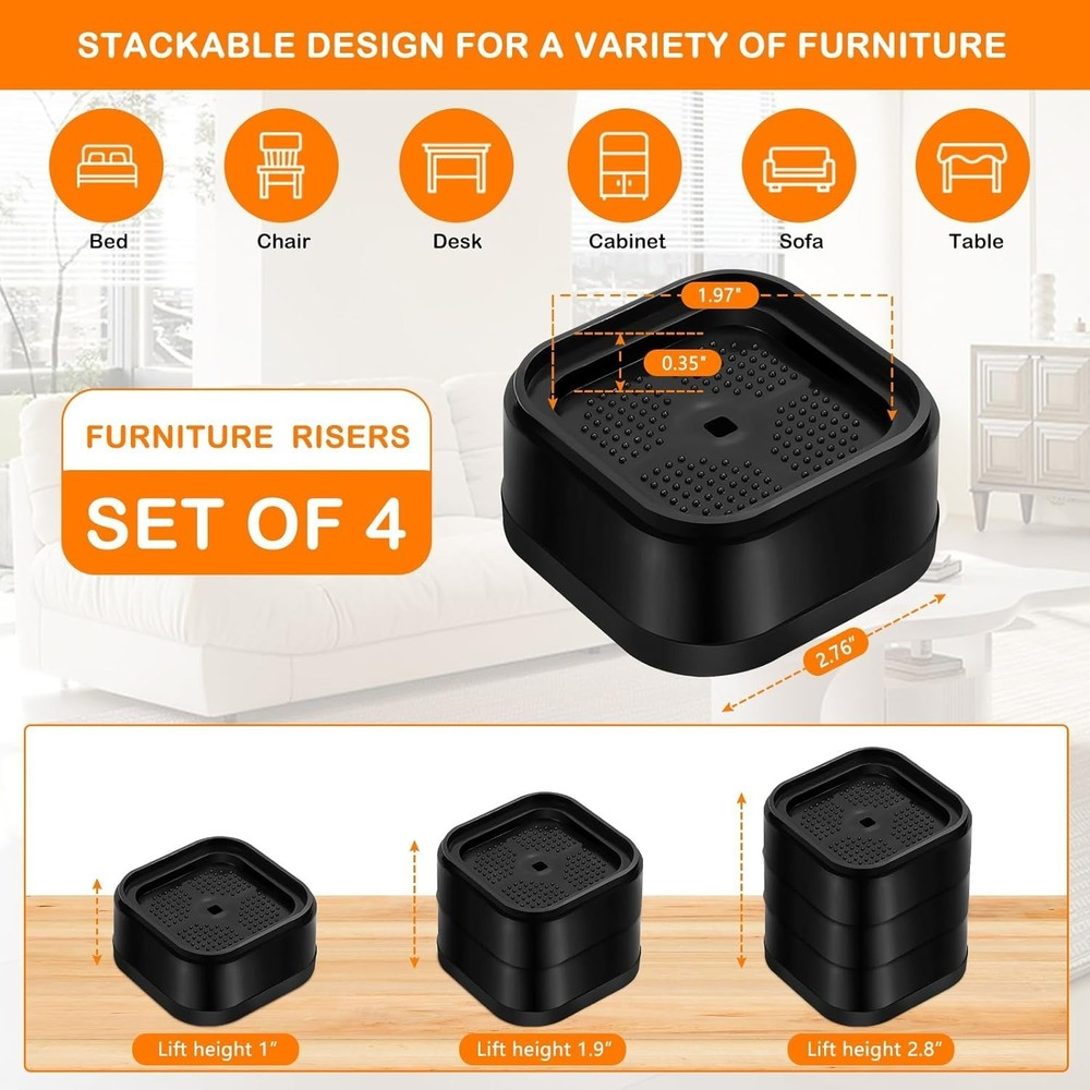 Adjustable 4 Pack Bed Risers - Heavy Duty Stackable Furniture Elevators (1-3 in)