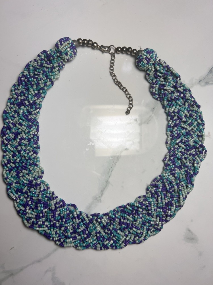 VTG Woven Seed Beads  Turquoise Purple Pleated Statement Necklace