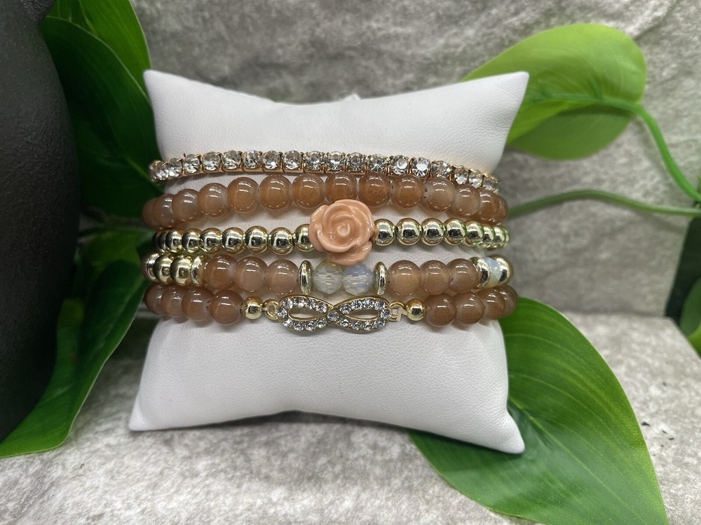 5 PC Handmade Boho Beaded Stackable 7” Plus Stretch Bracelet Set B2511