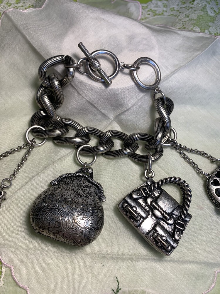 Silver Tone Chunky Statement Purse Charms Bracelet BR-45