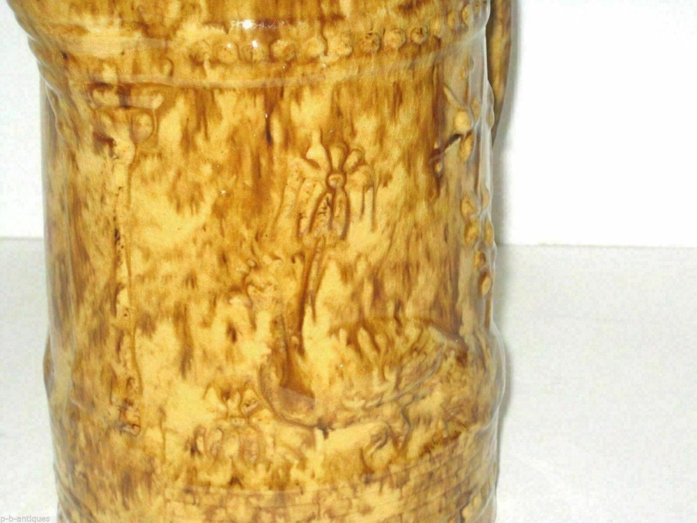 Antique Spongeware Yellow Ware Rockingham Peacock Pitcher