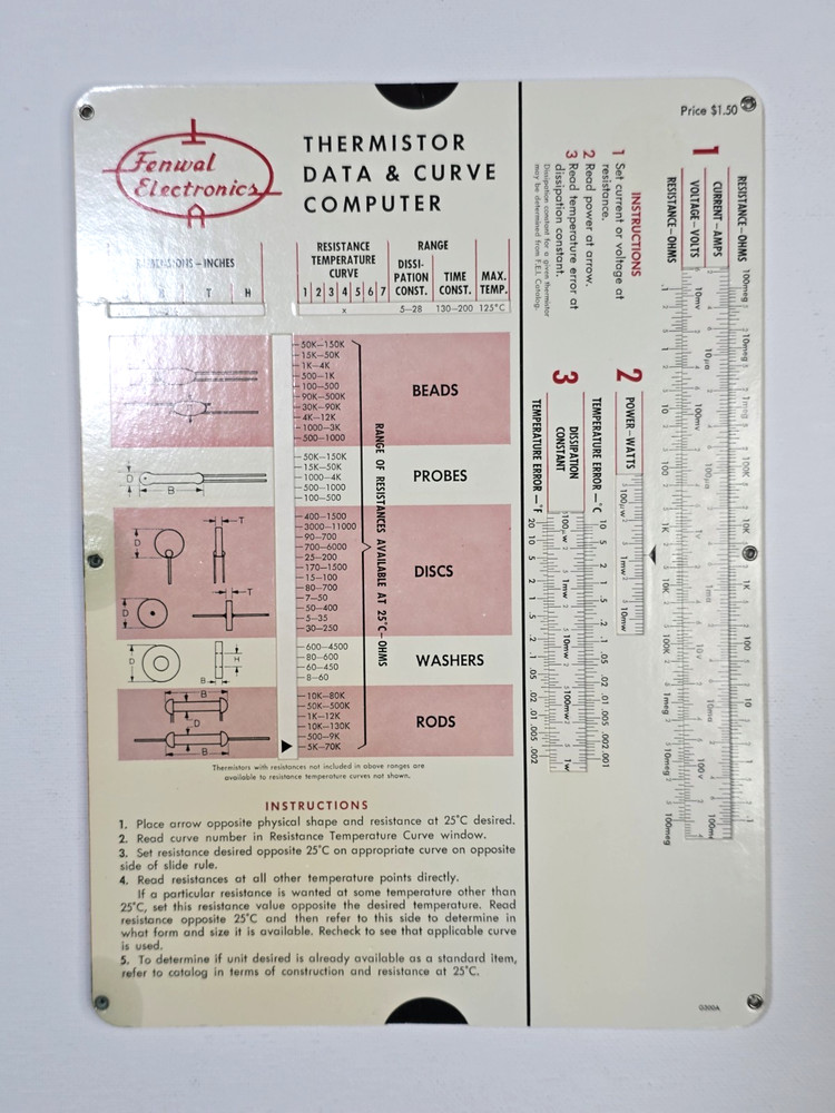 Fenwal Electronics Thermistor Data & Curve Computer Slide Rule 1960s
