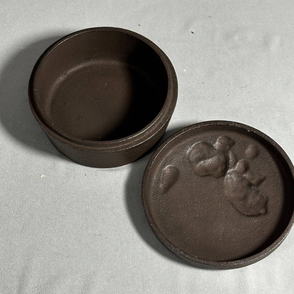 Vintage Round Cast Iron Trinket Box Iris